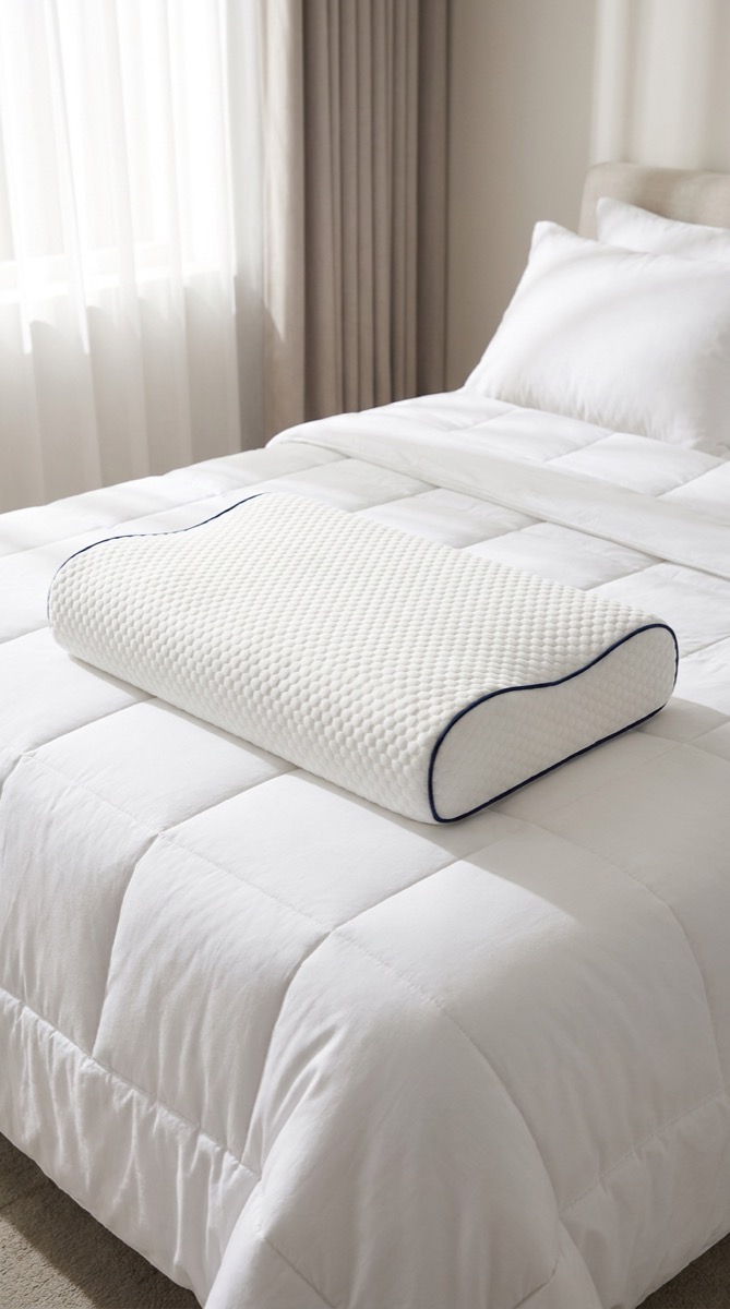 Almofada cervical numa cama com roupa branca